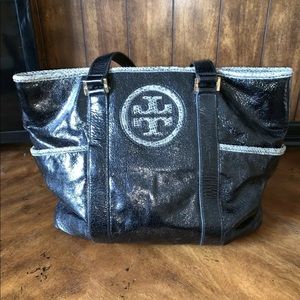 Tory Burch ‘Bombe’ Black Leather Snakeskin Tote